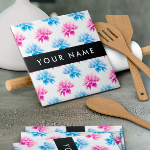 Roze en Blauwe Dahlia, Bloemmotief, Uw Naam Tegeltje