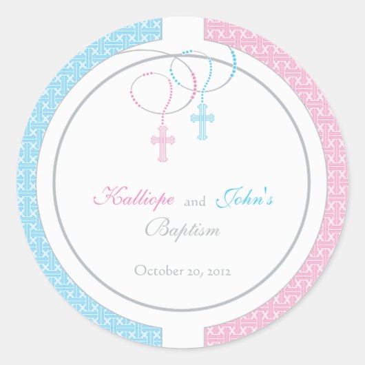 Roze en Blauwe Doop Favor Sticker (Voorkant)