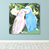 Roze en blauwe draaistellen tegen Angel Trumpets Canvas Afdruk (Insitu (Houten vloer))