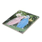 Roze en blauwe draaistellen tegen Angel Trumpets Tegeltje (Zijkant)