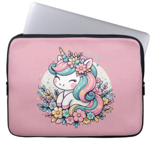 Roze en blauwe eenhoorn en bloemen laptop sleeve