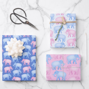 Roze en Blauwe Elephants Baby Birthday of Shower Inpakpapier Vel