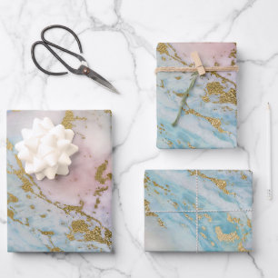 Roze en blauwe en gouden marmer look inpakpapier vel