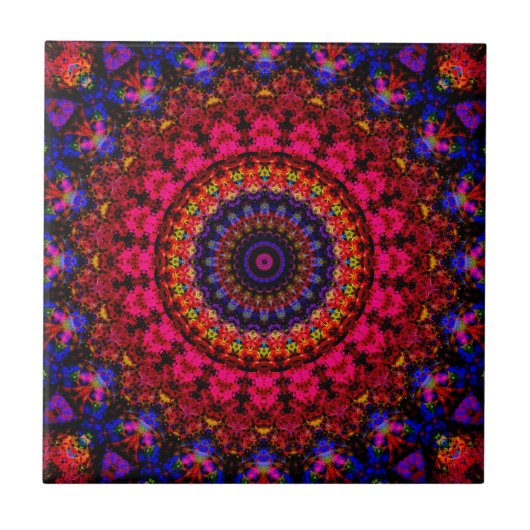 Roze en blauwe etnische Damask mandala kaleidoscoo Tegeltje (Voorkant)
