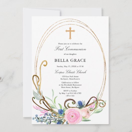 Roze en Blauwe Floral Eerste Heilige Communie Kaart (Voorkant)