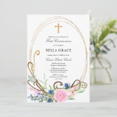 Roze en Blauwe Floral Eerste Heilige Communie Kaart (Staand voorkant)