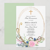 Roze en Blauwe Floral Eerste Heilige Communie Kaart (Voorkant / Achterkant)