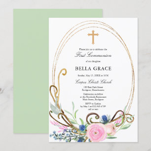 Roze en Blauwe Floral Eerste Heilige Communie Kaart