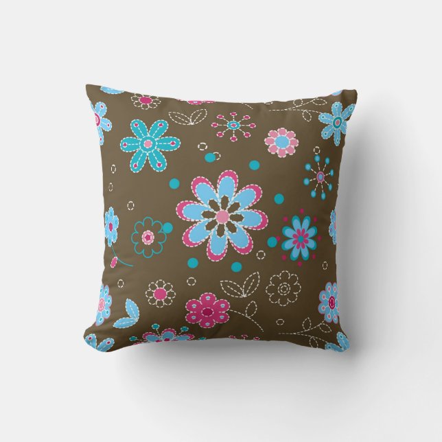 Roze en Blauwe Floral Pattern Bruin Sierkussen (Voorkant)