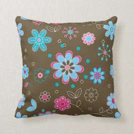 Roze en Blauwe Floral Pattern Bruin Sierkussen