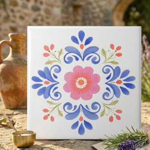 Roze en blauwe folk art bloemdecoratie tegel tegeltje