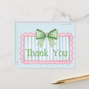 Roze en Blauwe Frame Groen Gingham Strik Bedankt Briefkaart