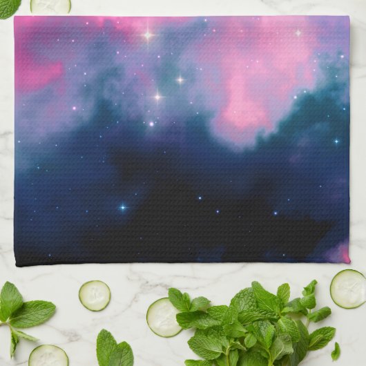 Roze en blauwe galaxy Nebula & sterren Abstract Theedoek (Gevouwen)