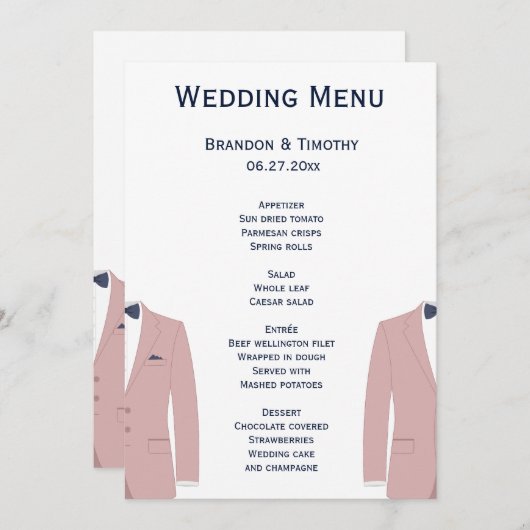 Roze en blauwe gay trouwmenu kaarten (Voorkant / Achterkant)