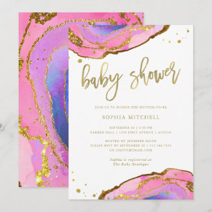 Roze en blauwe geode met goud   Baby shower Kaart