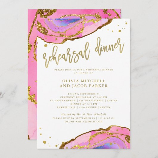 Roze en blauwe geode met goud | repetitiediner kaart (Voorkant / Achterkant)