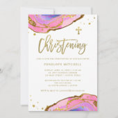 Roze en blauwe geode met gouden kruis | Doop Kaart (Voorkant)