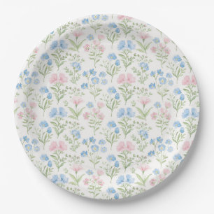 Roze en Blauwe Grandmillennial Bloemen Papieren Bordje