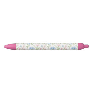 Roze en Blauwe Grandmillennial Bloemen Zwarte Inkt Pen