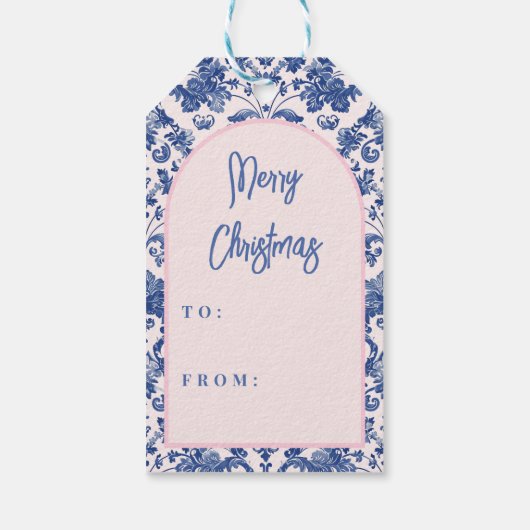 Roze en Blauwe Grandmillennial Christmas Puppy Cadeaulabel (Achterkant)