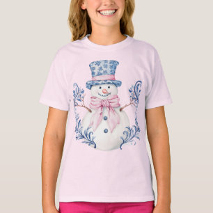 Roze en blauwe Grandmillennial Snowman T-shirt