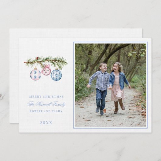 Roze en Blauwe Grootduizendjarige Kerstversiering Kaart (Voorkant / Achterkant)