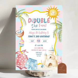 Roze en Blauwe Groovy Pastel Sibling Beach Verjaar Kaart