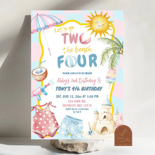 Roze en Blauwe Groovy Pastel Sibling Beach Verjaar Kaart