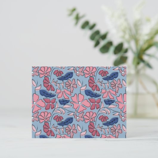 Roze en Blauwe Hand Getrokken Bloemen Block Print Briefkaart (Staand voorkant)