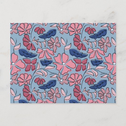 Roze en Blauwe Hand Getrokken Bloemen Block Print Briefkaart (Voorkant)