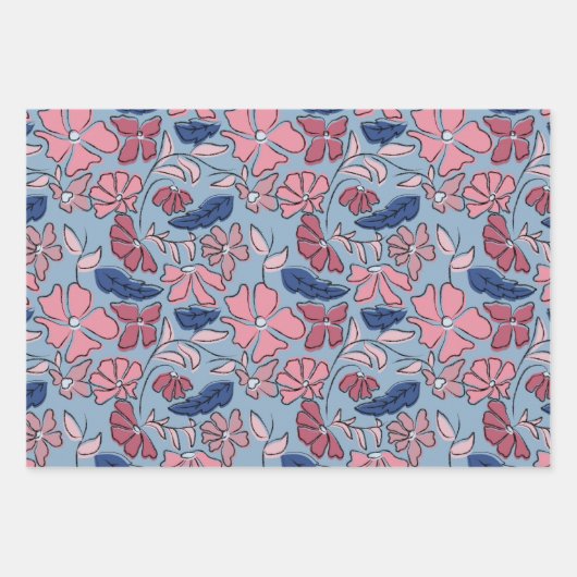 Roze en Blauwe Hand Getrokken Bloemen Block Print Inpakpapier Vel (Voorkant 2)