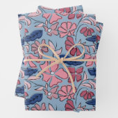 Roze en Blauwe Hand Getrokken Bloemen Block Print Inpakpapier Vel (In situ)