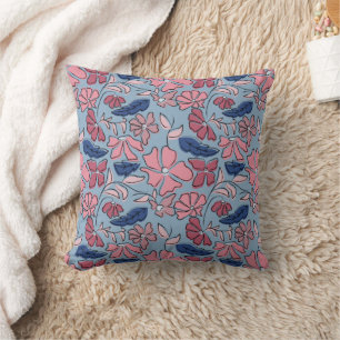 Roze en Blauwe Hand Getrokken Bloemen Block Print Kussen