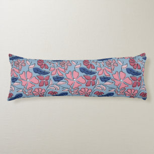 Roze en Blauwe Hand Getrokken Bloemen Block Print Lichaamskussen