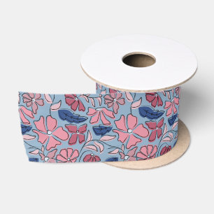 Roze en Blauwe Hand Getrokken Bloemen Block Print Lint