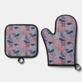 Roze en Blauwe Hand Getrokken Bloemen Block Print Ovenwant & Pannenlap Set (Voorkant)