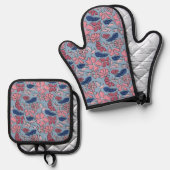 Roze en Blauwe Hand Getrokken Bloemen Block Print Ovenwant & Pannenlap Set (Voorkant / Achterkant)