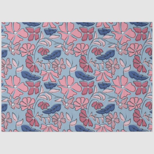 Roze en Blauwe Hand Getrokken Bloemen Block Print Tissuepapier (Voorkant)