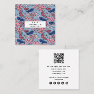 Roze en Blauwe Hand Getrokken Bloemen Block Print Vierkante Visitekaartje