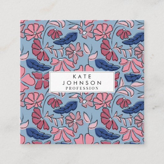 Roze en Blauwe Hand Getrokken Bloemen Block Print Vierkante Visitekaartje (Voorkant)