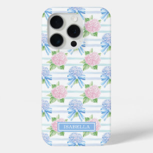 Roze en Blauwe Hortensia Gestreepte iPhone 15 Pro Case