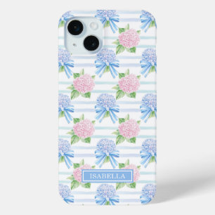 Roze en Blauwe Hortensia Gestreepte iPhone 15 Mini Hoesje