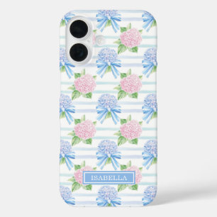 Roze en Blauwe Hortensia Gestreepte iPhone 16 Hoesje