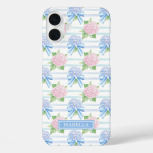 Roze en Blauwe Hortensia Gestreepte iPhone 16 Plus Hoesje