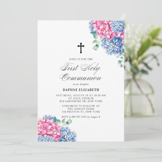 Roze en blauwe hydrangeas Eerste Heilige Communie Kaart (Staand voorkant)