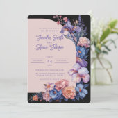 Roze en Blauwe Iris Botanische Boog Bruiloft Kaart (Staand voorkant)