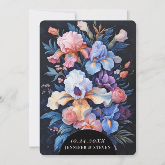 Roze en Blauwe Iris Botanische Boog Bruiloft Kaart (Achterkant)