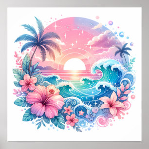  Roze en Blauwe Kustkunst Poster