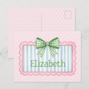 Roze en blauwe lijst met groene geruite strik briefkaart