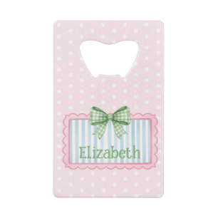 Roze en blauwe lijst met groene geruite strik kredietkaart flessenopener